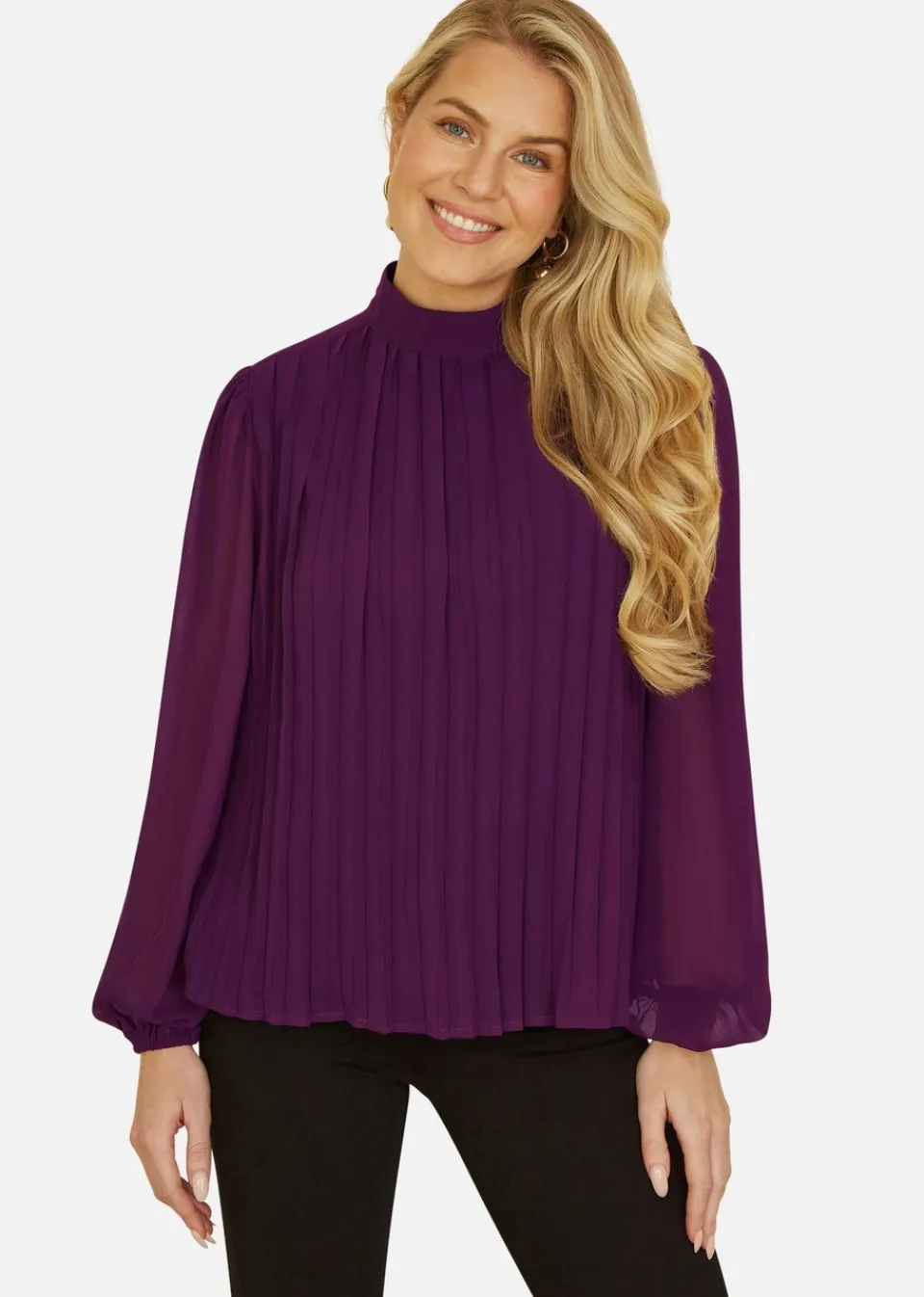 Tops>Mela Plum Pleated Long Sleeve Top With High Neck