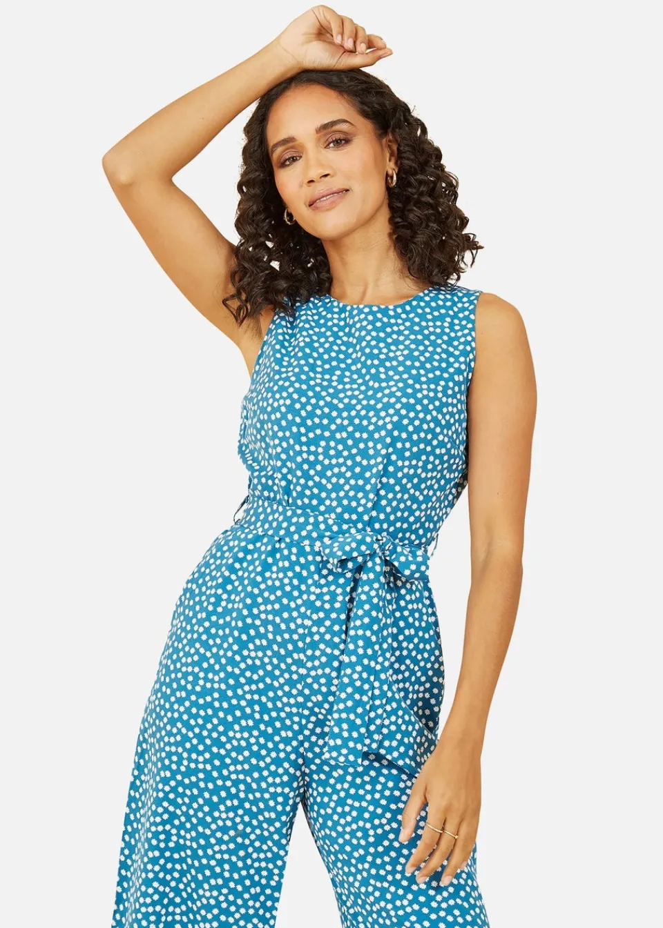 Jumpsuits & Playsuits>Mela Teal Ditsy Daisy Sleeveless Culotte Jumpsuit