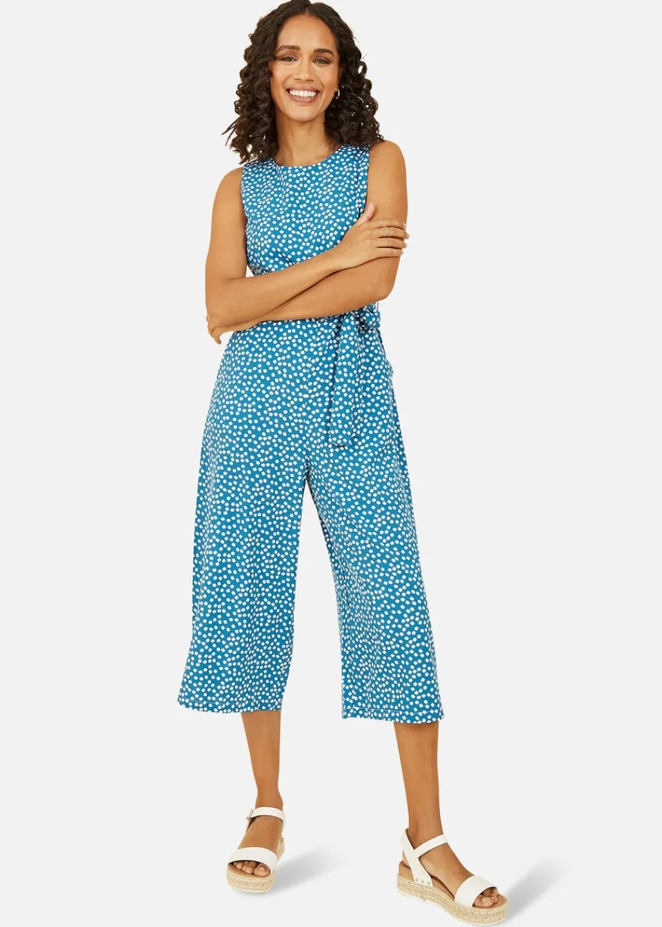 Jumpsuits & Playsuits>Mela Teal Ditsy Daisy Sleeveless Culotte Jumpsuit
