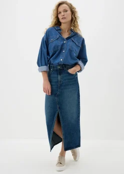 Skirts>Papaya Mid Wash Denim Midi Skirt