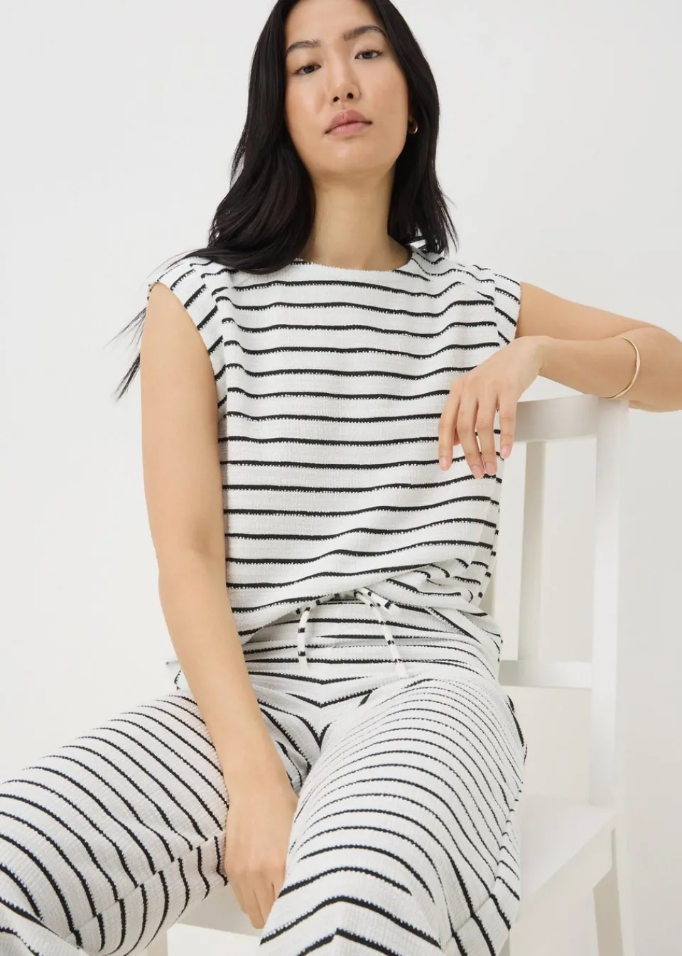 T-Shirts>Papaya Monochrome Stripe Co Ord Towelling Top