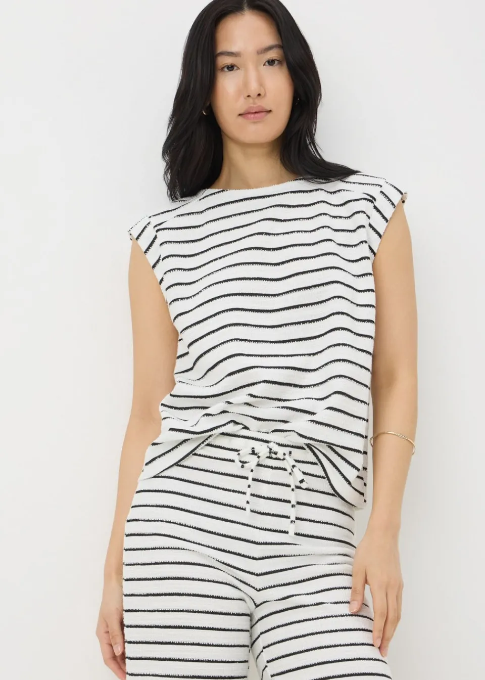 T-Shirts>Papaya Monochrome Stripe Co Ord Towelling Top