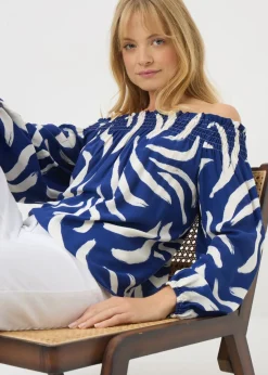 Tops>Papaya Navy Abstract Shirred Bardot Top