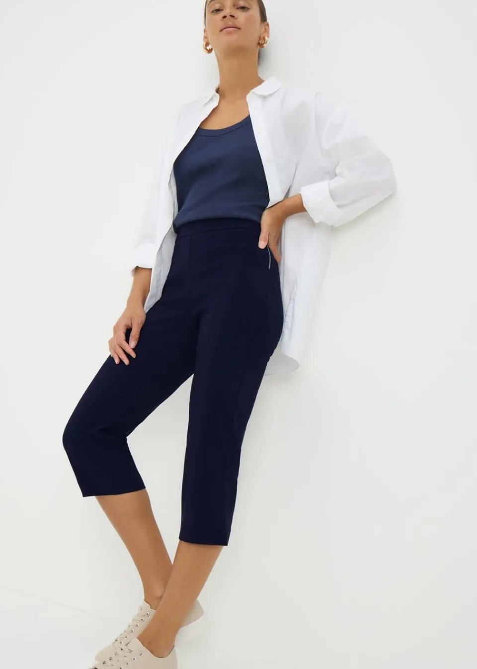 Leggings>Papaya Navy Bengaline Cropped Leggings