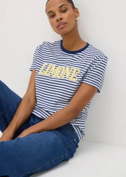 T-Shirts>Papaya Navy Boucle Limone Stripe T-Shirt