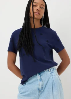 T-Shirts>Papaya Navy Embroidered Floral T-Shirt