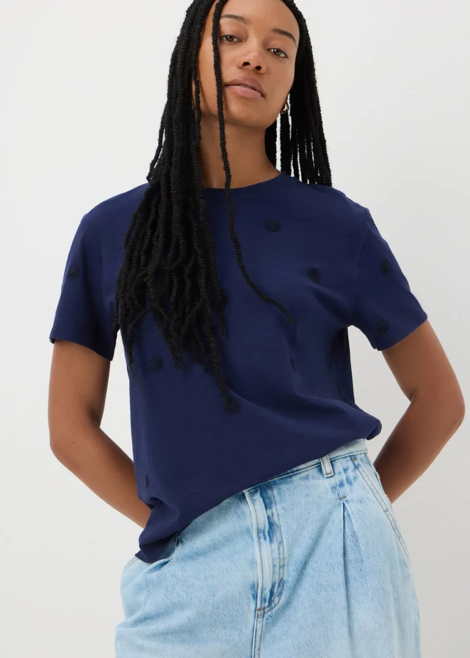 T-Shirts>Papaya Navy Embroidered Floral T-Shirt