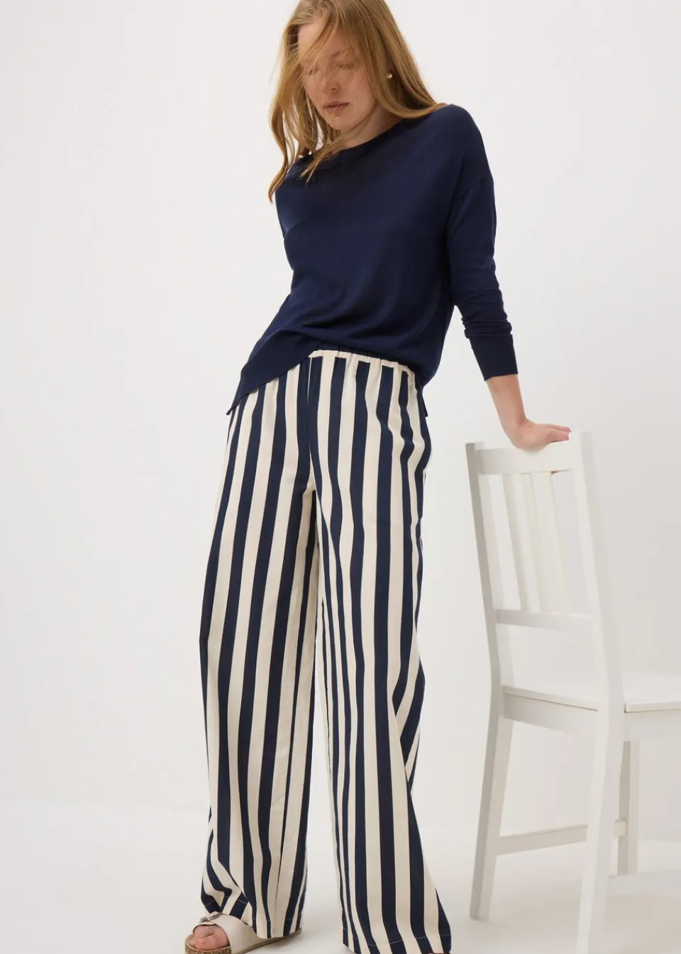 Tops>Papaya Navy Fine Gauge Long Sleeve Jumper