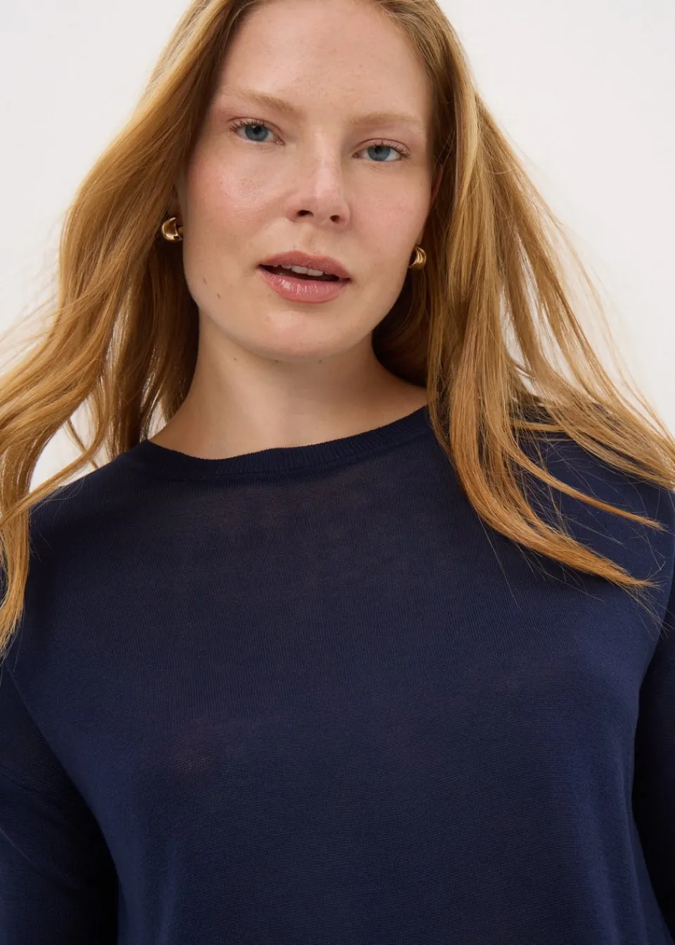 Tops>Papaya Navy Fine Gauge Long Sleeve Jumper