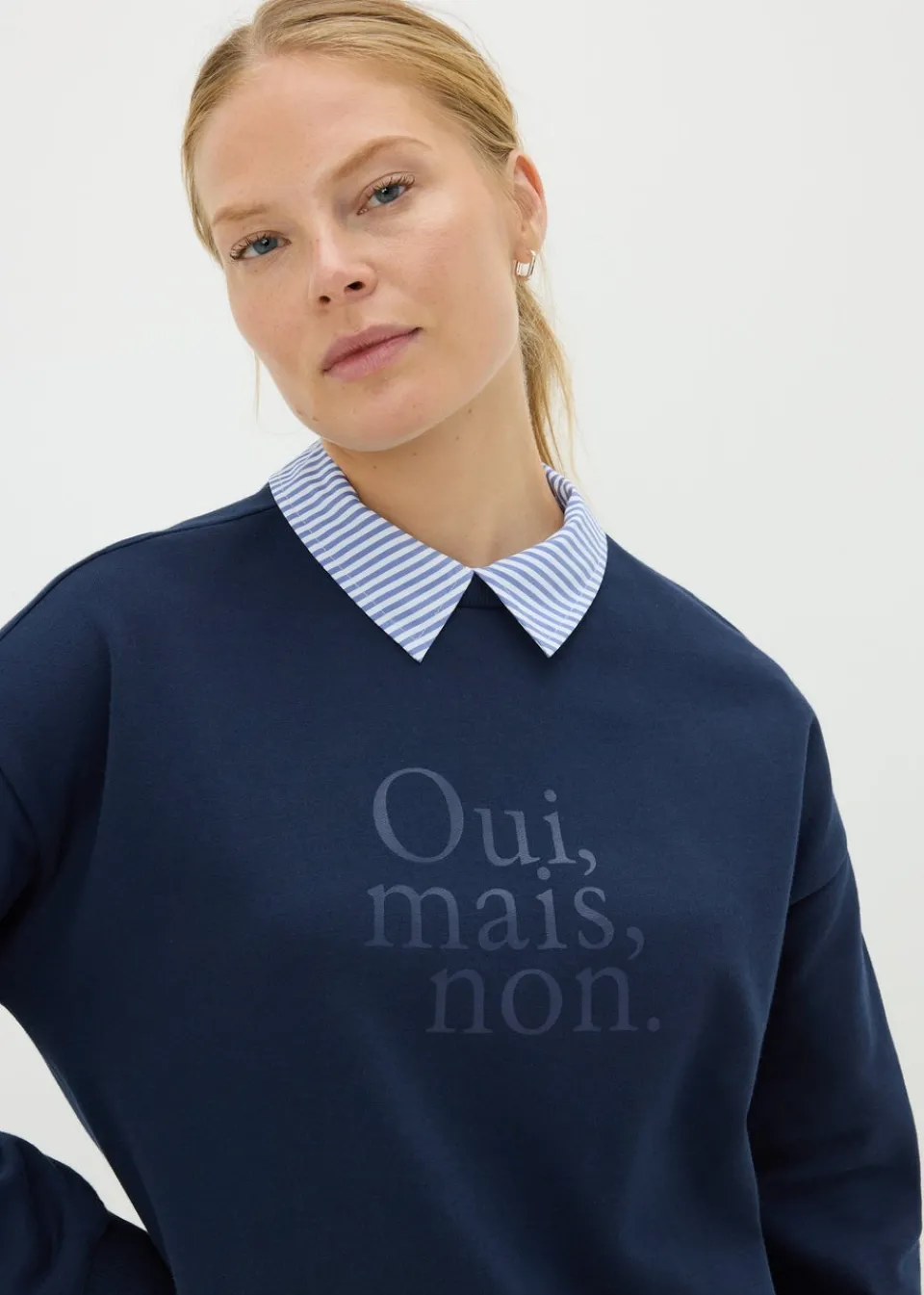 Tops>Papaya Navy Oui Mais Collared Sweatshirt