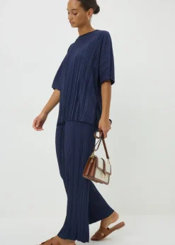 Trousers>Papaya Navy Plisse Co Ord Trousers