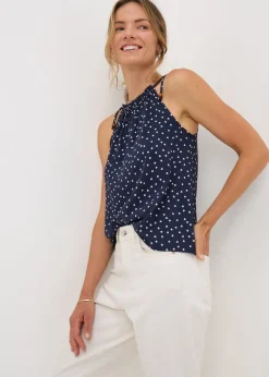 Tops>Papaya Navy Polka Dot High Neck Tie Cami Top
