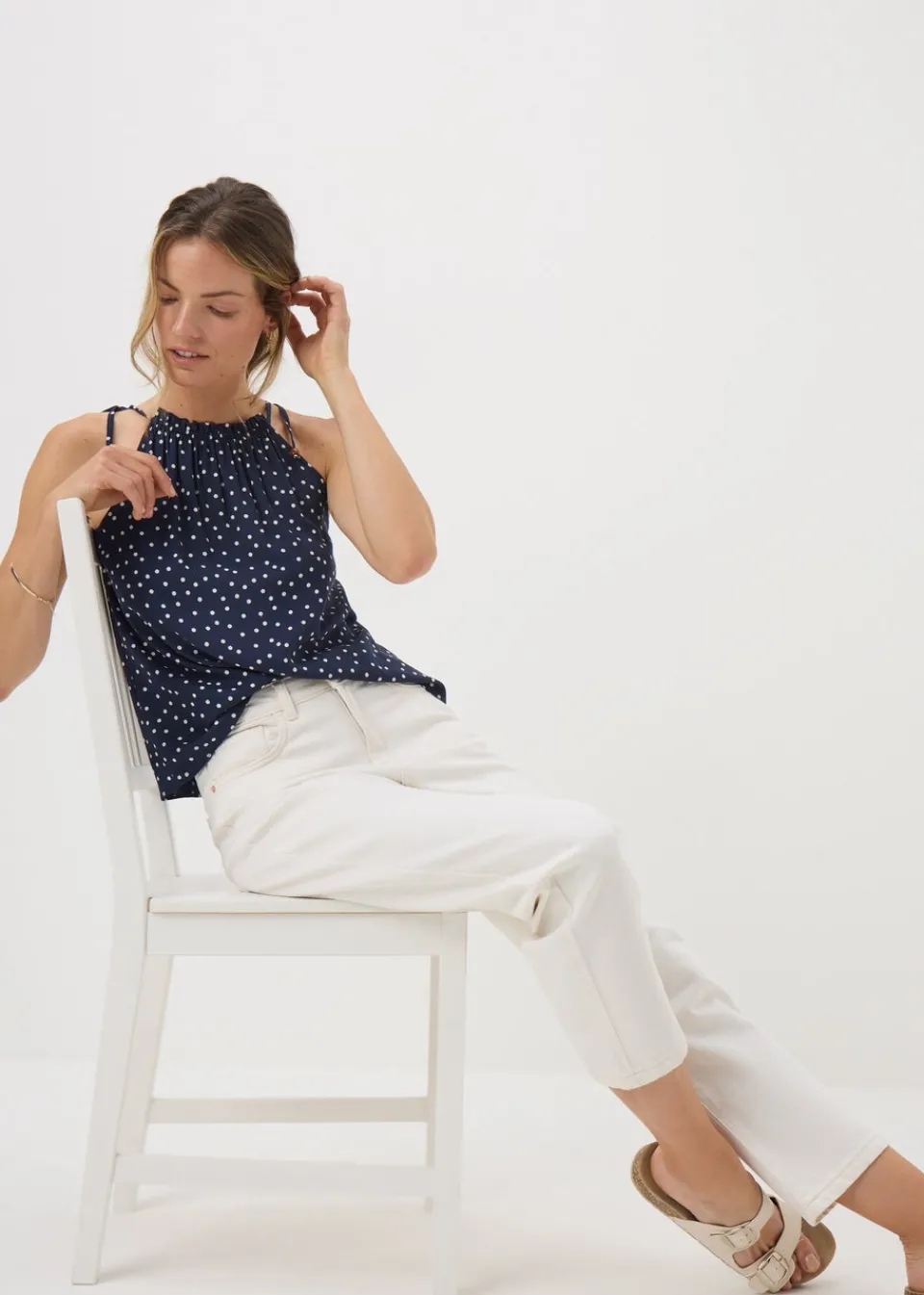 Tops>Papaya Navy Polka Dot High Neck Tie Cami Top