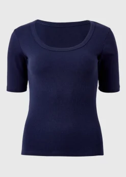 T-Shirts>Papaya Navy Ribbed Scoop Neck Top