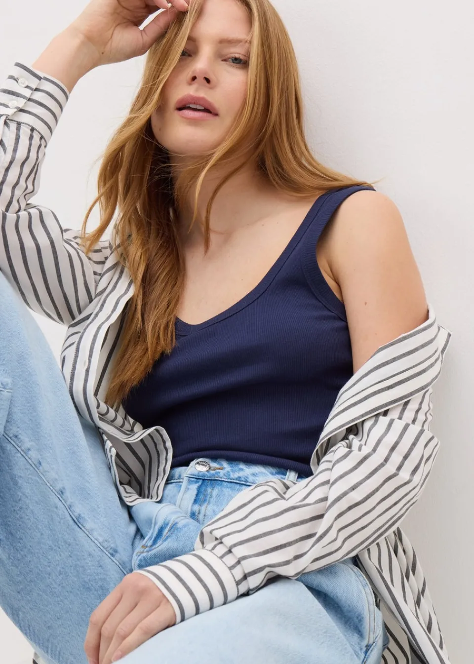 Tops>Papaya Navy Ribbed Scoop Neck Vest Top