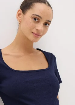 T-Shirts>Papaya Navy Ribbed Square Neck T-Shirt