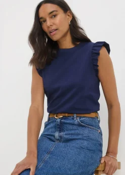 Tops>Papaya Navy Ruffle Sleeve Vest Top