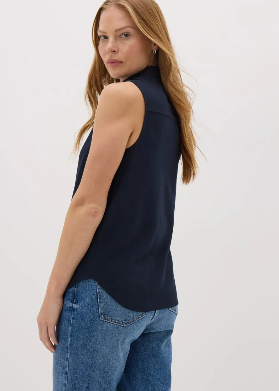 Tops>Papaya Navy Sleeveless Shirt
