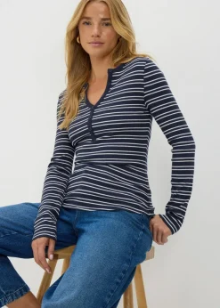 T-Shirts>Papaya Navy Stripe Henley Collar Long Sleeve Top