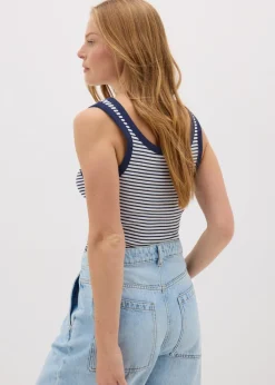 Tops>Papaya Navy Stripe Ribbed Scoop Neck Vest Top