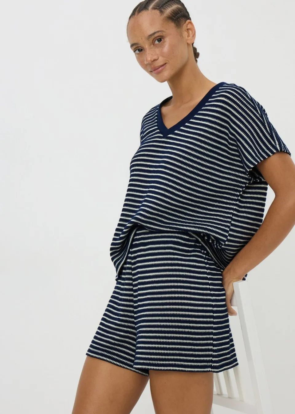 Shorts>Papaya Navy Stripe Textured Co Ord Shorts