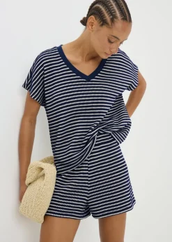 Tops>Papaya Navy Stripe Textured V Neck Crop Top