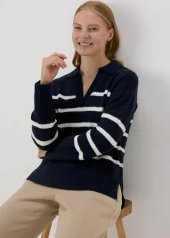 Tops>Papaya Stripe V-Neck Jumper Navy