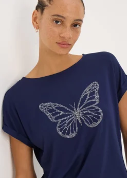 T-Shirts>Papaya Navy Studded Butterfly T-Shirt
