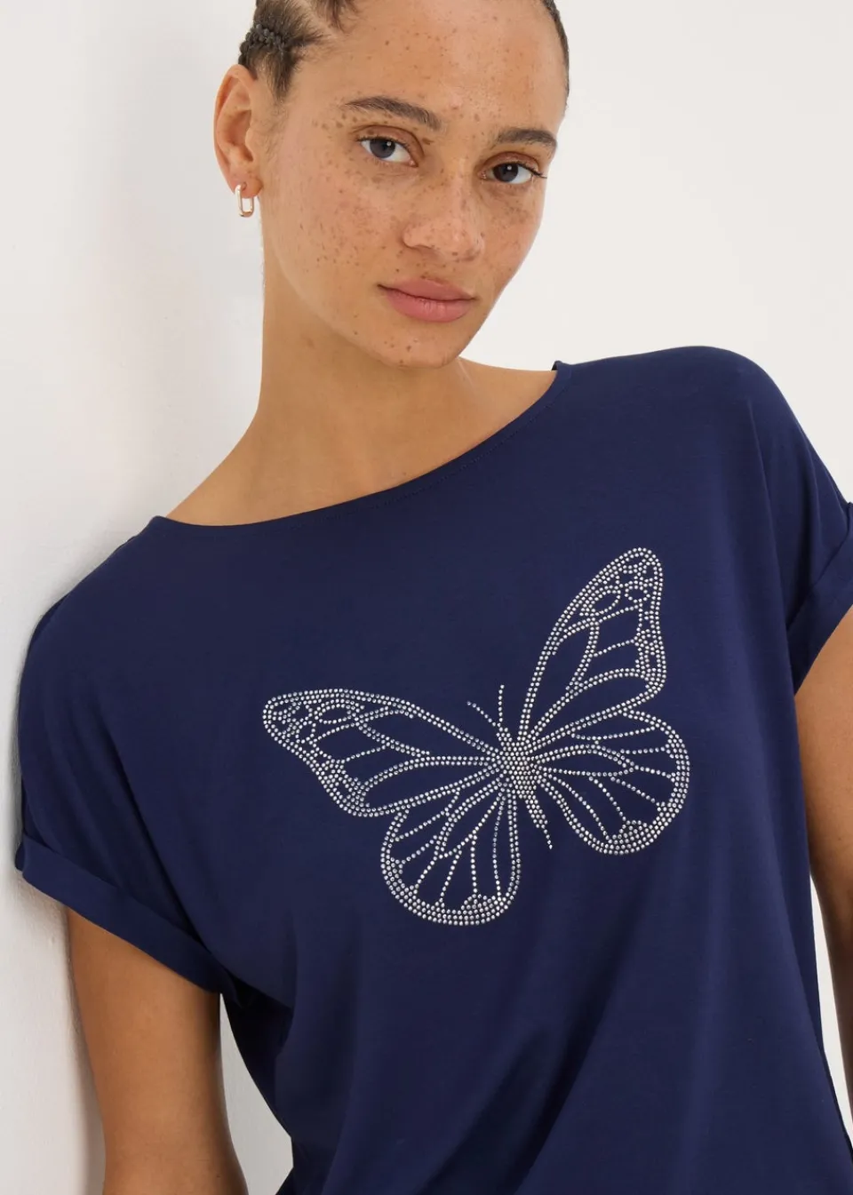 T-Shirts>Papaya Navy Studded Butterfly T-Shirt