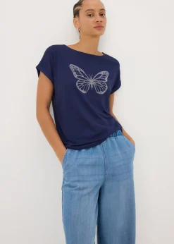 T-Shirts>Papaya Navy Studded Butterfly T-Shirt