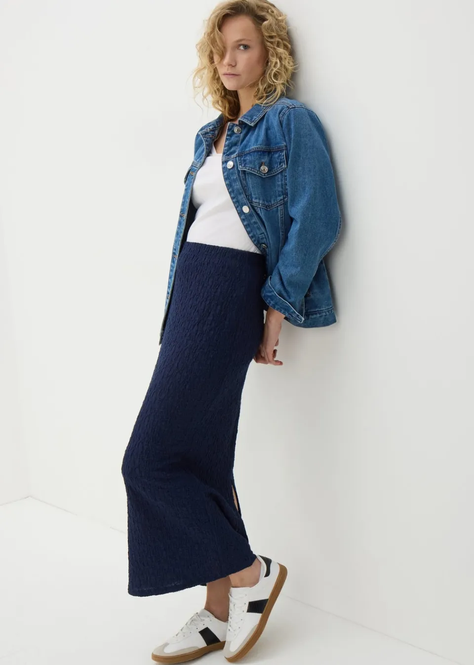 Skirts>Papaya Navy Textured Midaxi Skirt