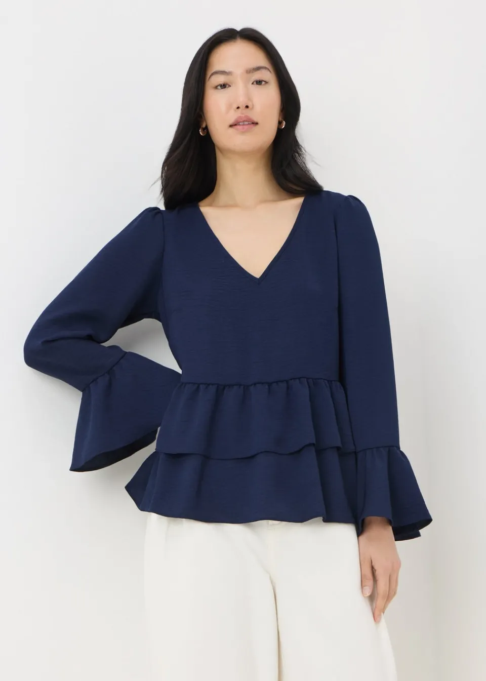 Tops>Papaya Navy V-Neck Ruffle Blouse