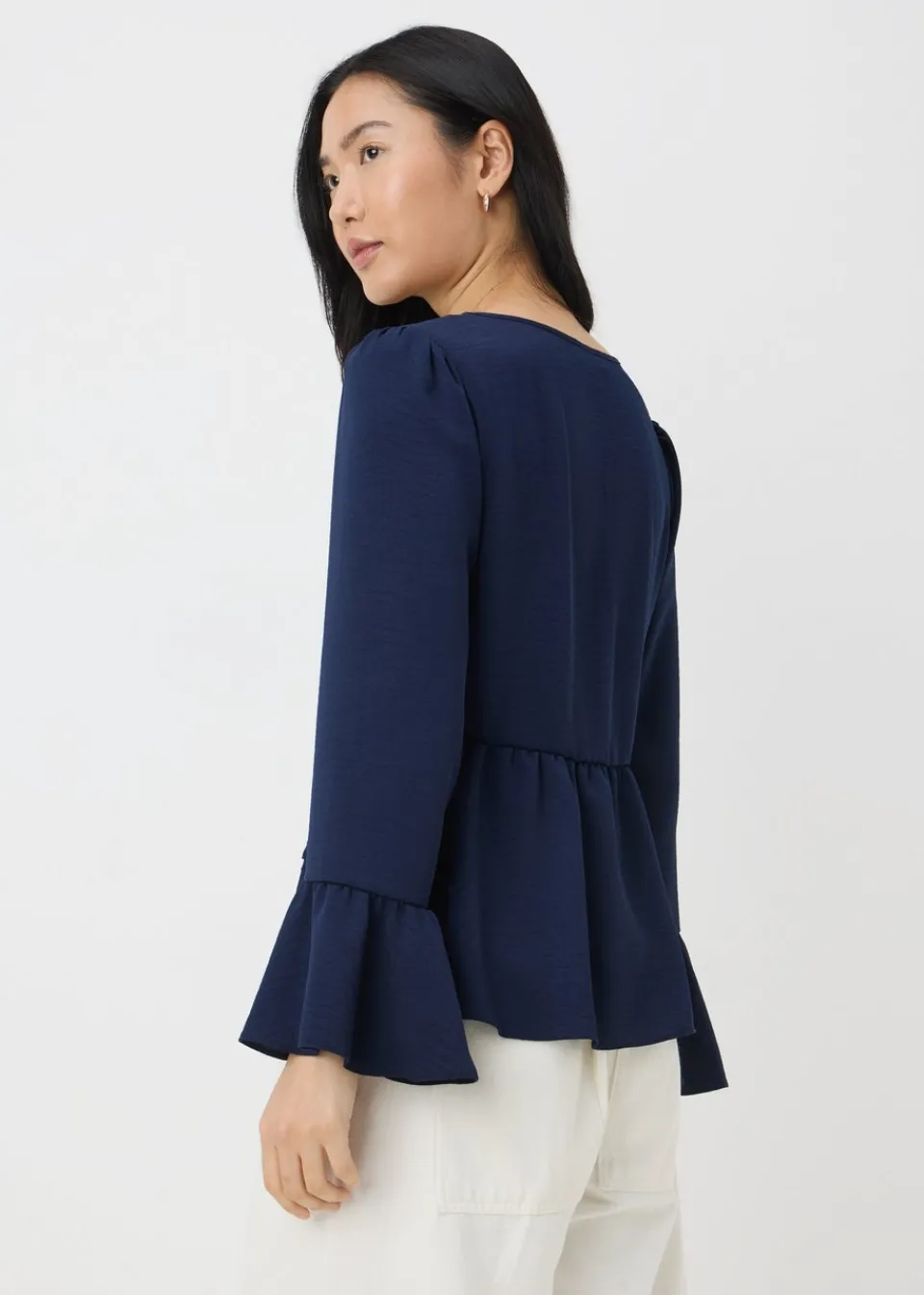 Tops>Papaya Navy V-Neck Ruffle Blouse