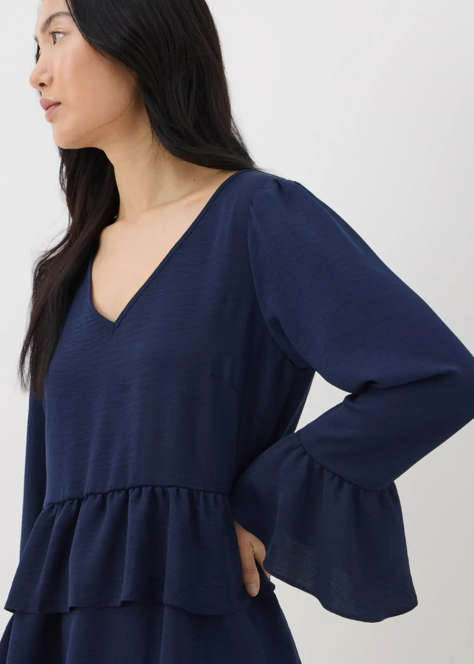 Tops>Papaya Navy V-Neck Ruffle Blouse