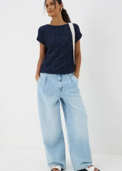 Tops>Papaya Navy Wavy Textured Crew Neck T-Shirt
