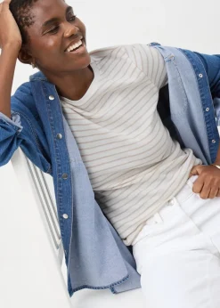 T-Shirts>Papaya Oatmeal Stripe Fitted T-Shirt