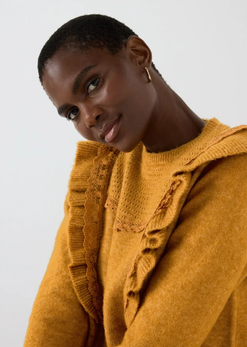 Tops>Papaya Pointelle Frill Knitted Jumper Orange