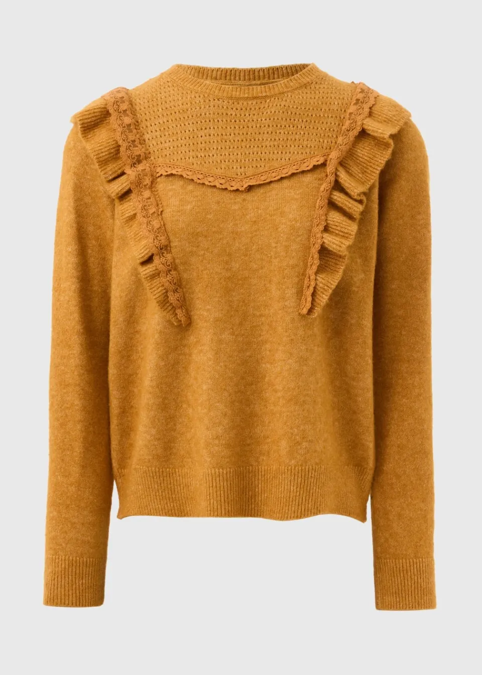 Tops>Papaya Pointelle Frill Knitted Jumper Orange