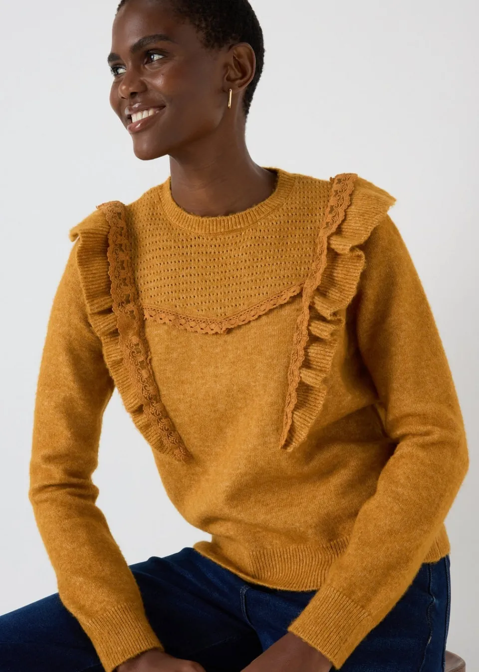 Tops>Papaya Pointelle Frill Knitted Jumper Orange