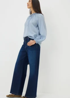 Tops>Papaya Pale Blue Boho Textured Tie Neck Blouse