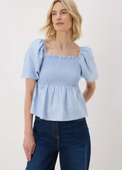 Tops>Papaya Pale Blue Shirred Tie Back Blouse