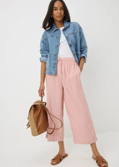 Trousers>Papaya Pale Pink Linen Blend Stripe Wide Leg Cropped Trousers