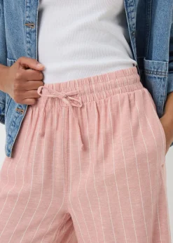 Trousers>Papaya Pale Pink Linen Blend Stripe Wide Leg Cropped Trousers