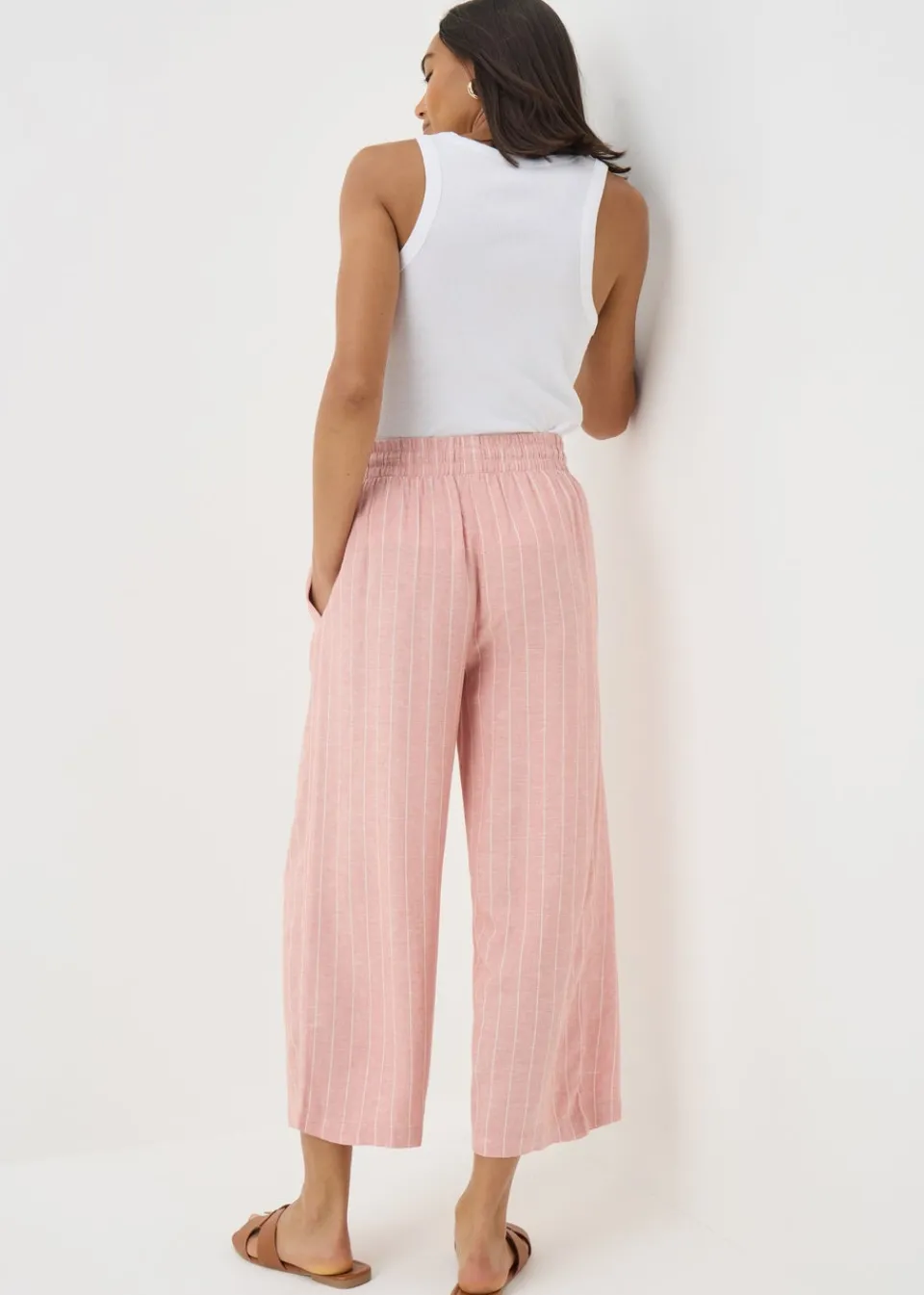 Trousers>Papaya Pale Pink Linen Blend Stripe Wide Leg Cropped Trousers