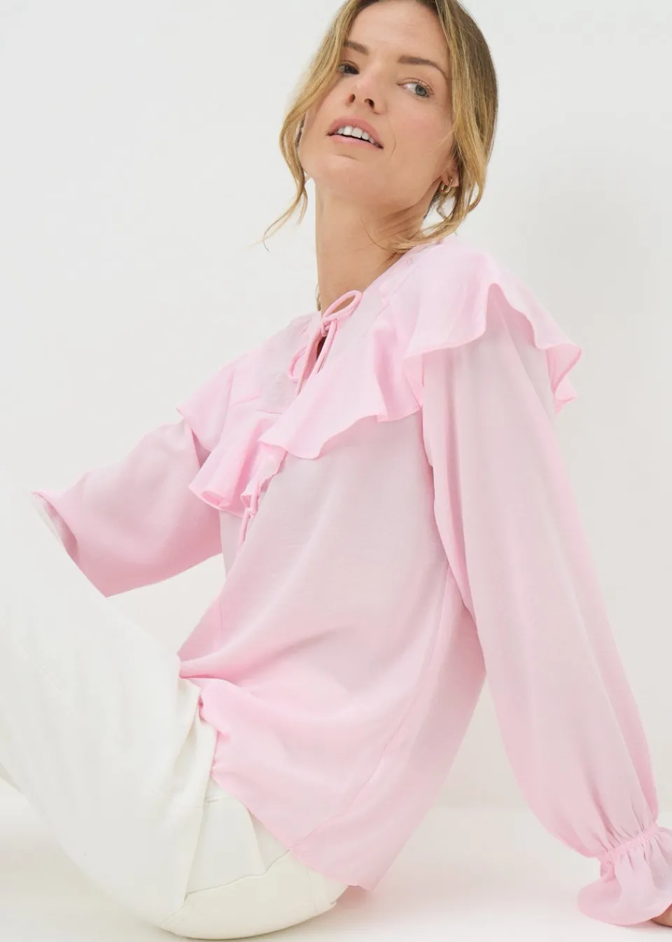 Tops>Papaya Pale Pink Ruffle Tie Neck Blouse