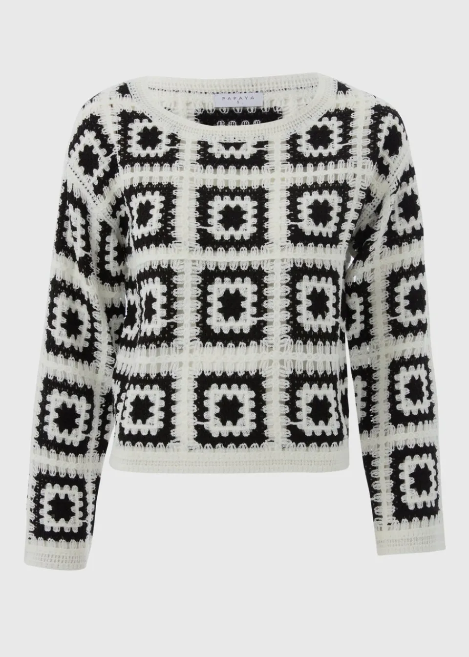 Knitwear>Papaya Petite Black Crochet Patchwork Jumper