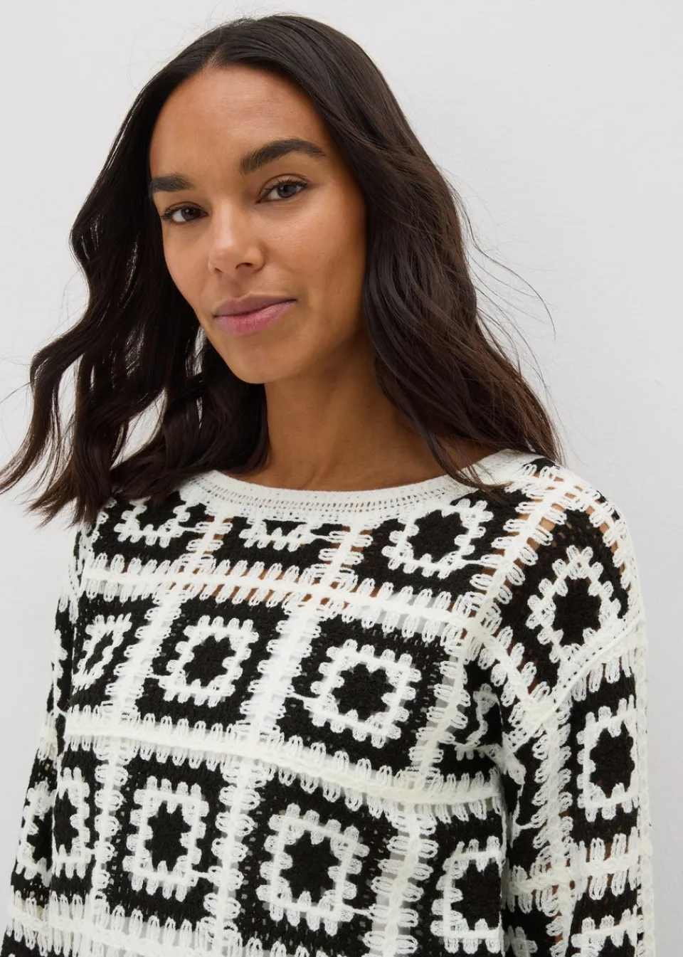 Knitwear>Papaya Petite Black Crochet Patchwork Jumper