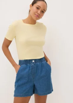 Shorts>Papaya Petite Blue Mid Wash Cotton Paper Bag Shorts