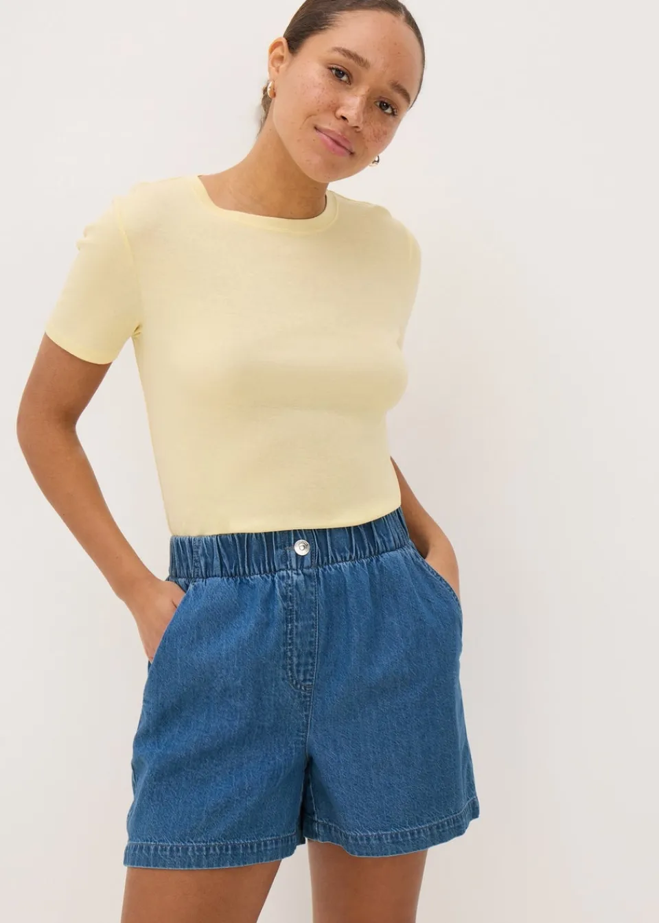 Shorts>Papaya Petite Blue Mid Wash Cotton Paper Bag Shorts