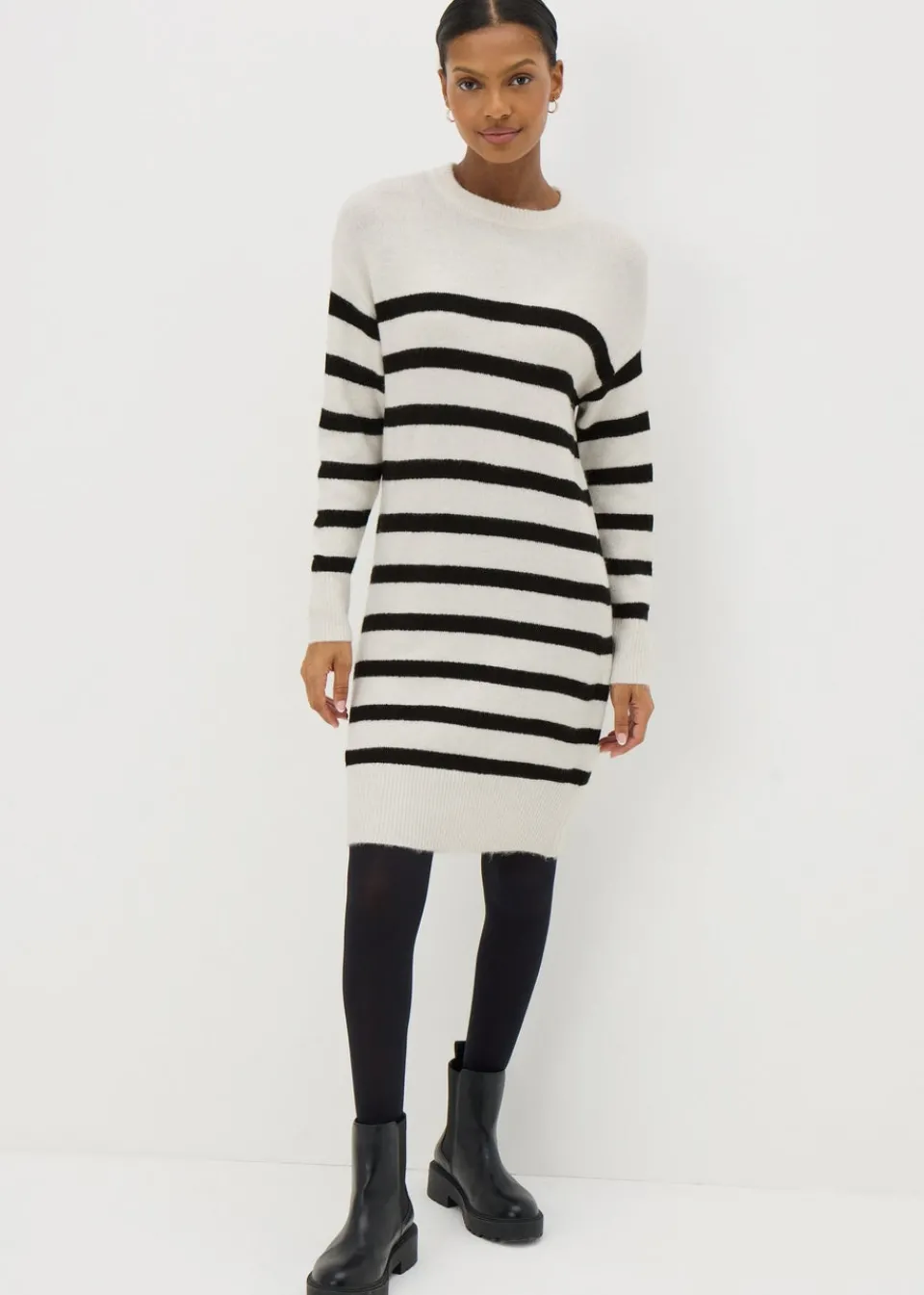 Knitwear>Papaya Petite Cream Stripe Knitted Mini Dress